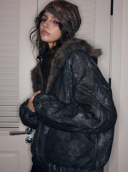 HEMOGLOBIN Punk Print Fur Collar Lapel Loose Fit Polyester Women&