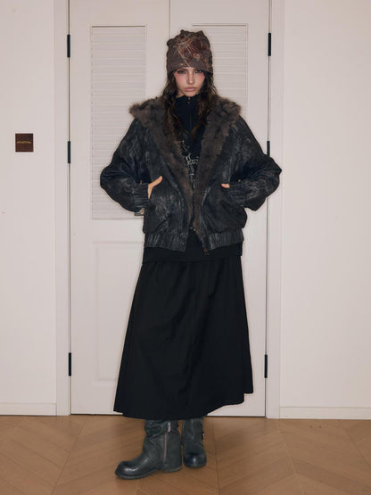 HEMOGLOBIN Punk Print Fur Collar Lapel Loose Fit Polyester Women&