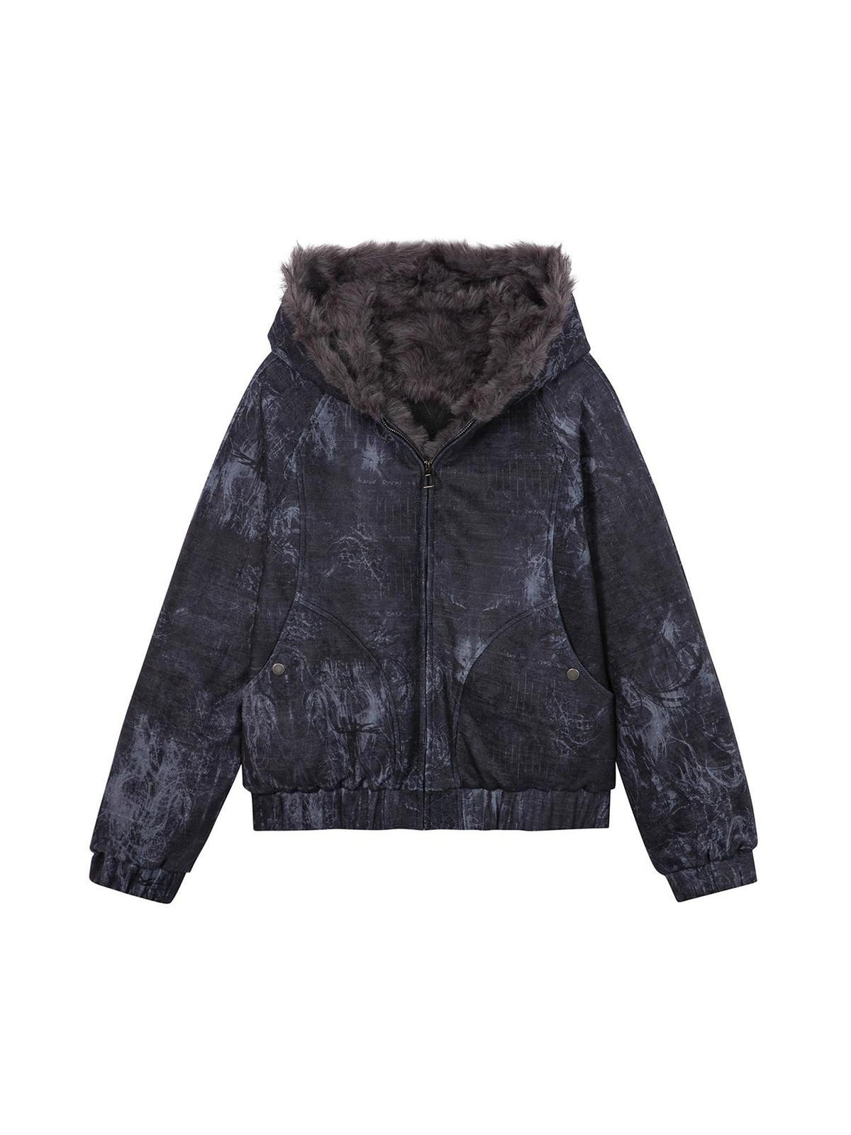HEMOGLOBIN Punk Print Fur Collar Lapel Loose Fit Polyester Women&