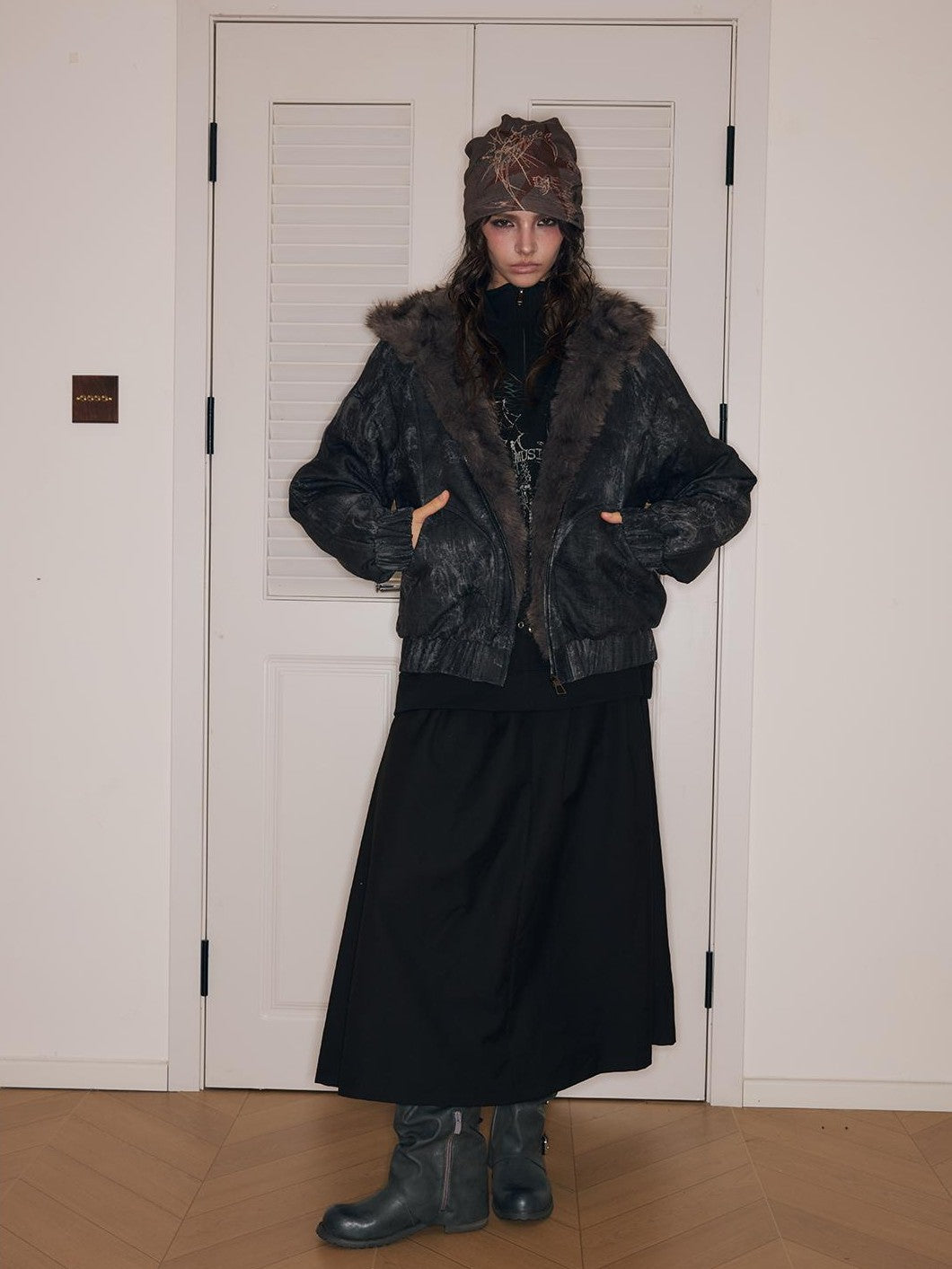 HEMOGLOBIN Punk Print Fur Collar Lapel Loose Fit Polyester Women&