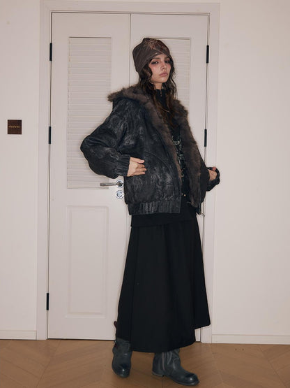 HEMOGLOBIN Punk Print Fur Collar Lapel Loose Fit Polyester Women&