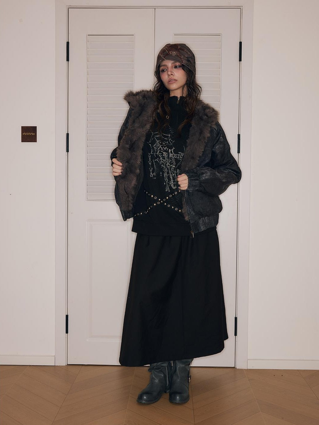HEMOGLOBIN Punk Print Fur Collar Lapel Loose Fit Polyester Women&