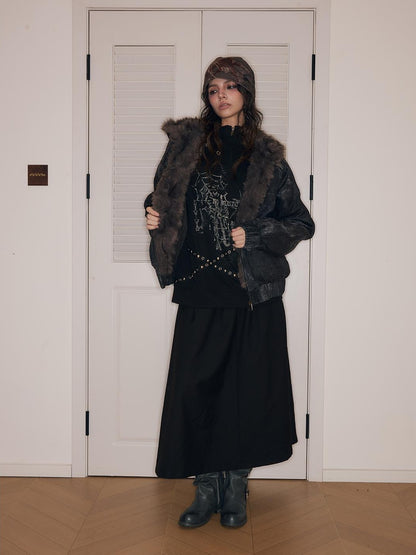 HEMOGLOBIN Punk Print Fur Collar Lapel Loose Fit Polyester Women&