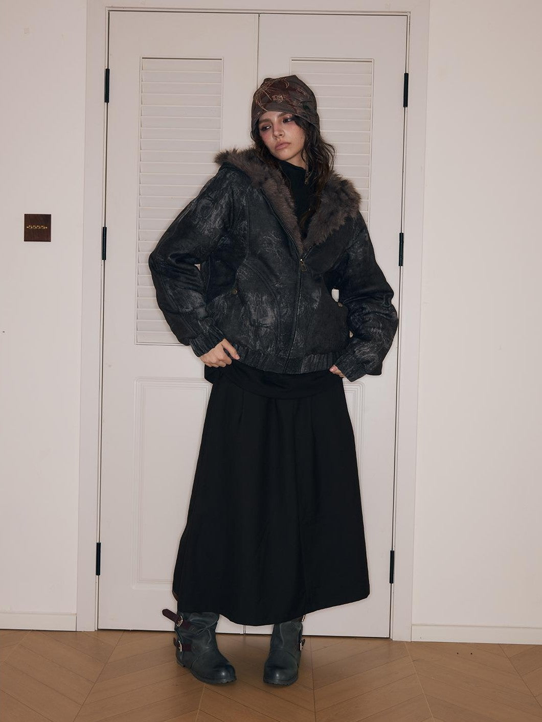 HEMOGLOBIN Punk Print Fur Collar Lapel Loose Fit Polyester Women&