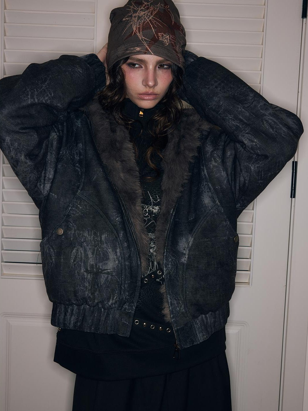 HEMOGLOBIN Punk Print Fur Collar Lapel Loose Fit Polyester Women&