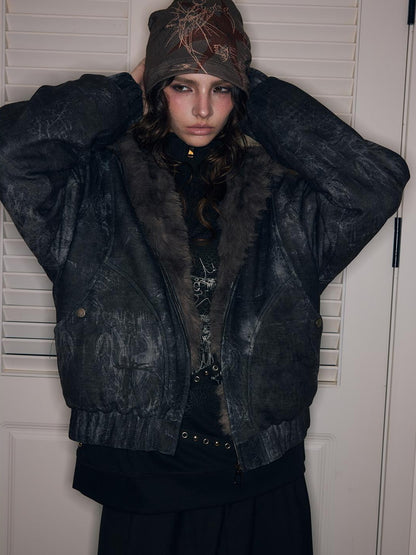 HEMOGLOBIN Punk Print Fur Collar Lapel Loose Fit Polyester Women&