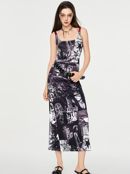 HEMOGLOBIN Punk Print Red Black Colorblock U Neck Women&