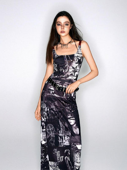 HEMOGLOBIN Punk Print Red Black Colorblock U Neck Women&
