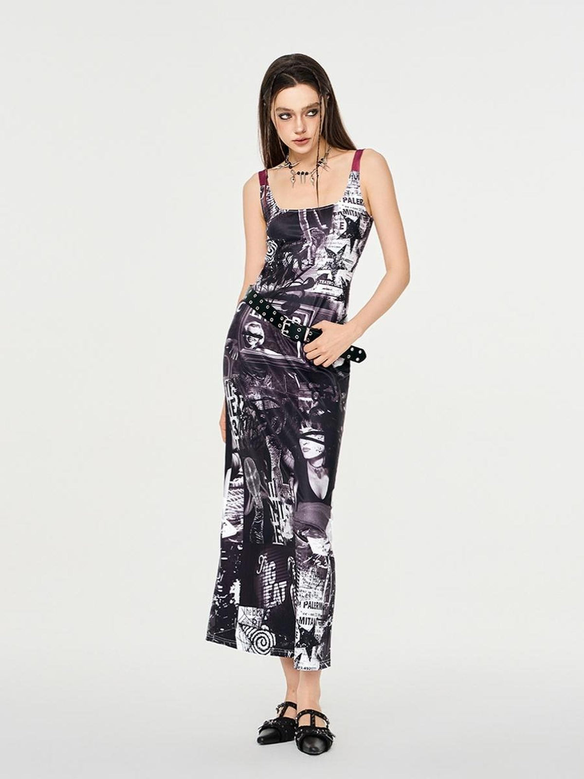 HEMOGLOBIN Punk Print Red Black Colorblock U Neck Women&