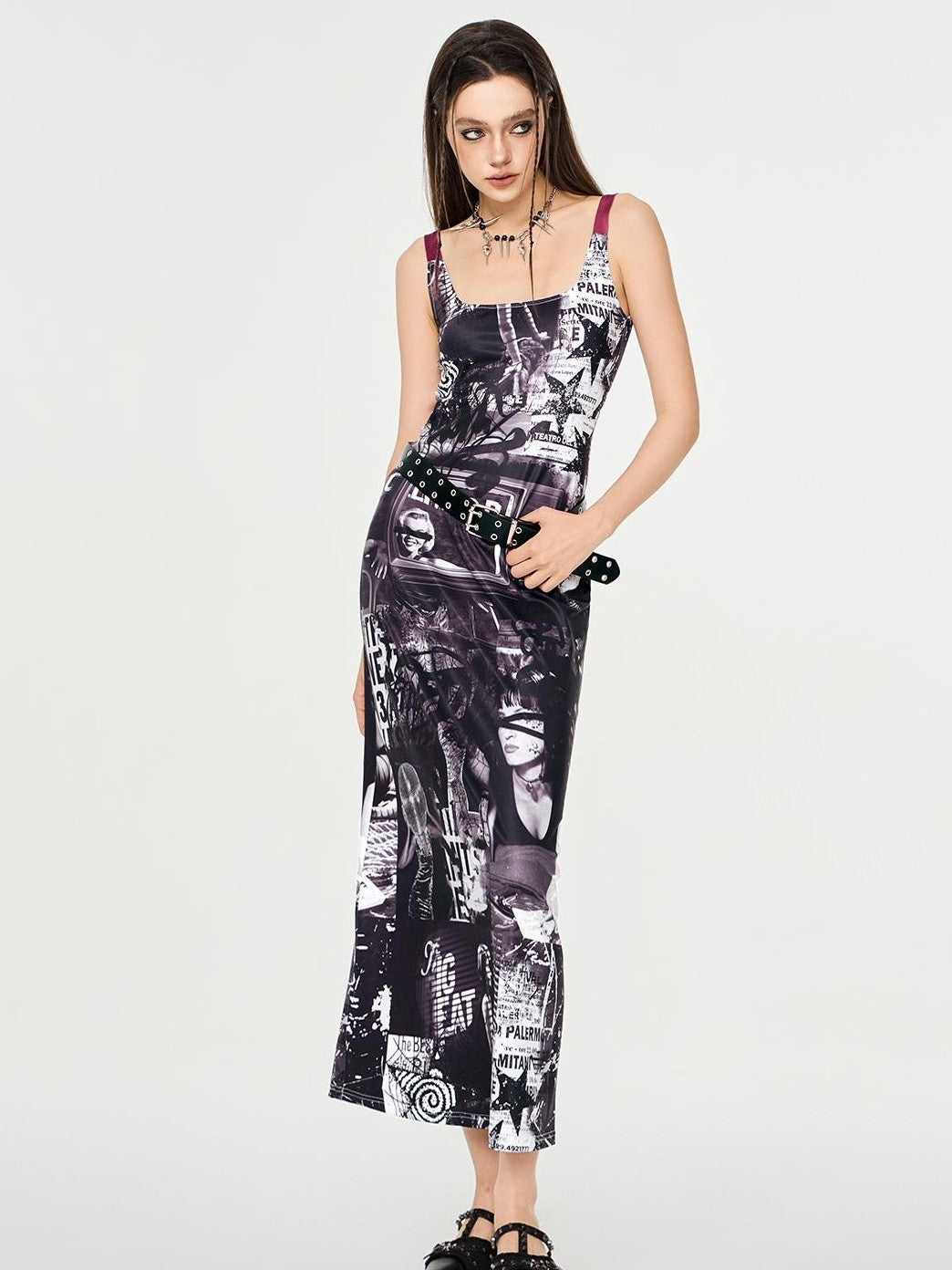 HEMOGLOBIN Punk Print Red Black Colorblock U Neck Women&