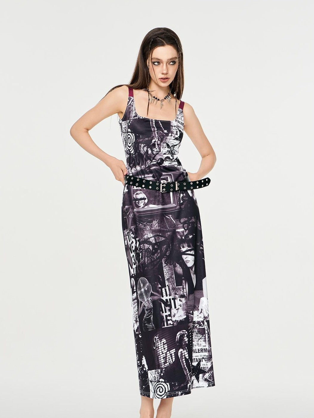 HEMOGLOBIN Punk Print Red Black Colorblock U Neck Women&
