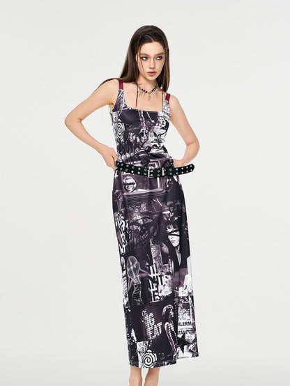 HEMOGLOBIN Punk Print Red Black Colorblock U Neck Women&