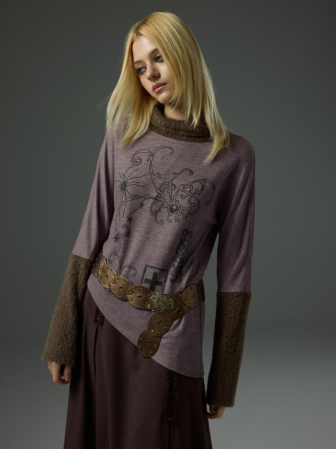 HEMOGLOBIN Purple Fleece Paneled Half High Neck Print Women&