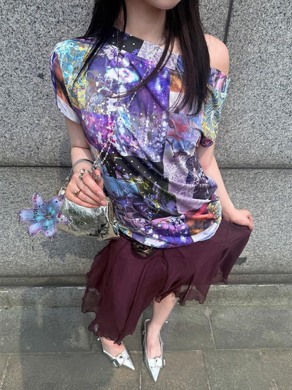 HEMOGLOBIN Purple Print Off Shoulder Open Back Short Sleeve Polyester Women&