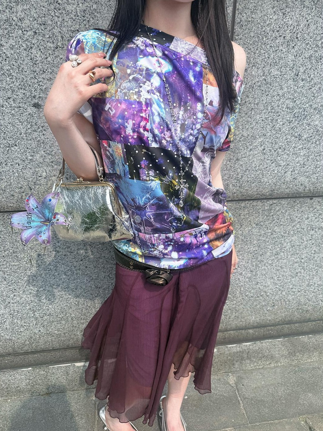 HEMOGLOBIN Purple Print Off Shoulder Open Back Short Sleeve Polyester Women&