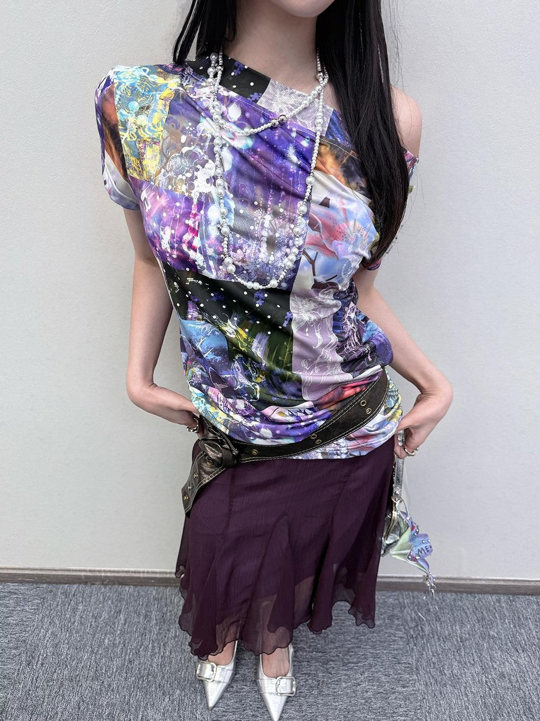 HEMOGLOBIN Purple Print Off Shoulder Open Back Short Sleeve Polyester Women&