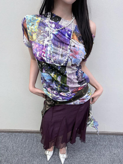 HEMOGLOBIN Purple Print Off Shoulder Open Back Short Sleeve Polyester Women&
