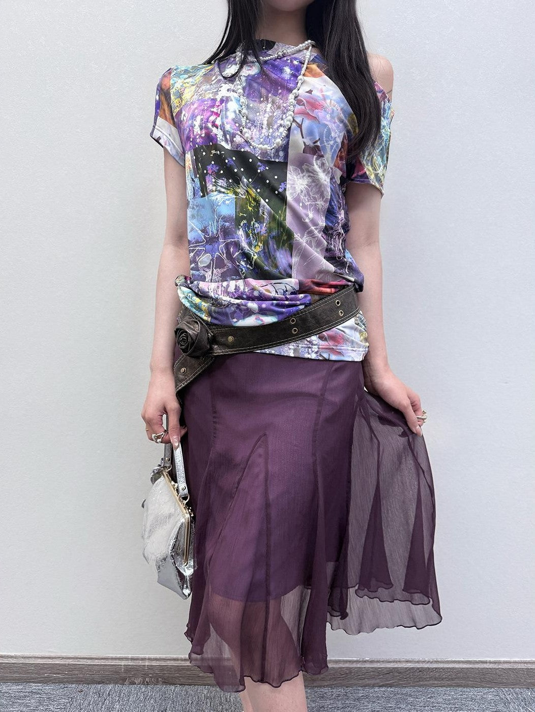 HEMOGLOBIN Purple Print Off Shoulder Open Back Short Sleeve Polyester Women&