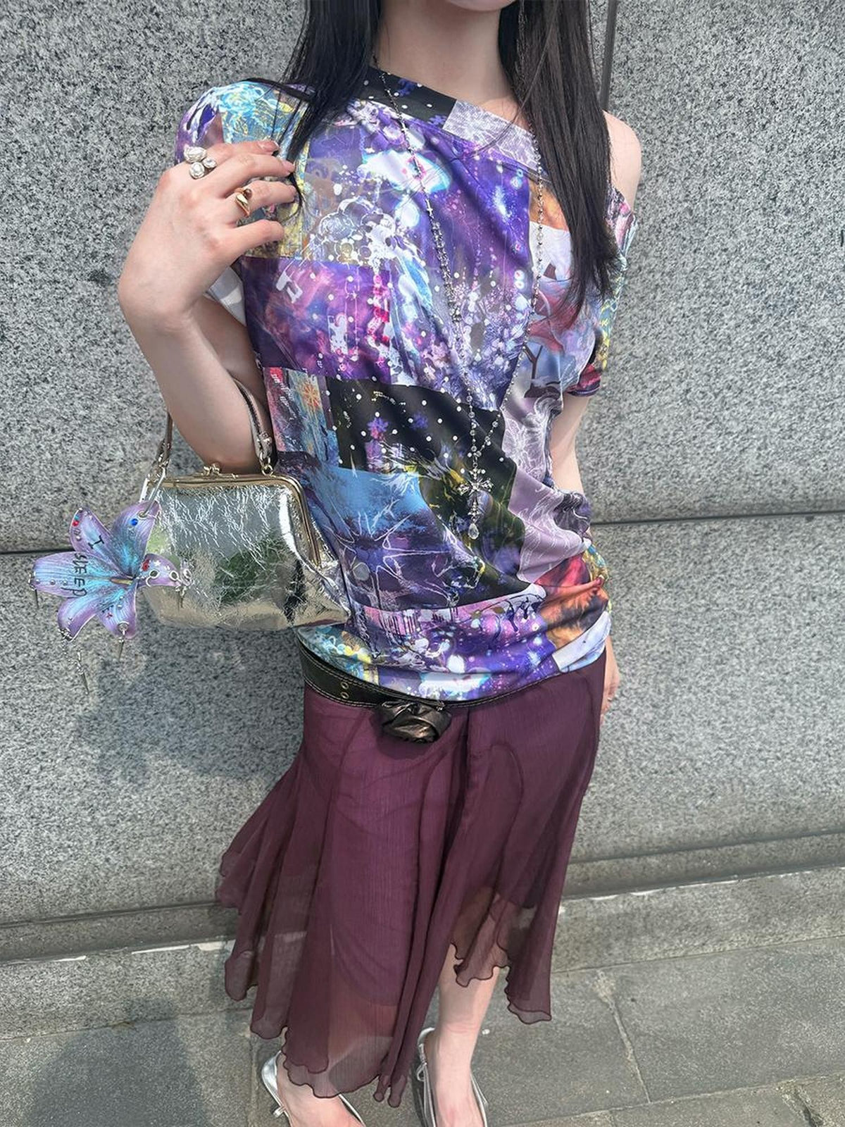 HEMOGLOBIN Purple Print Off Shoulder Open Back Short Sleeve Polyester Women&