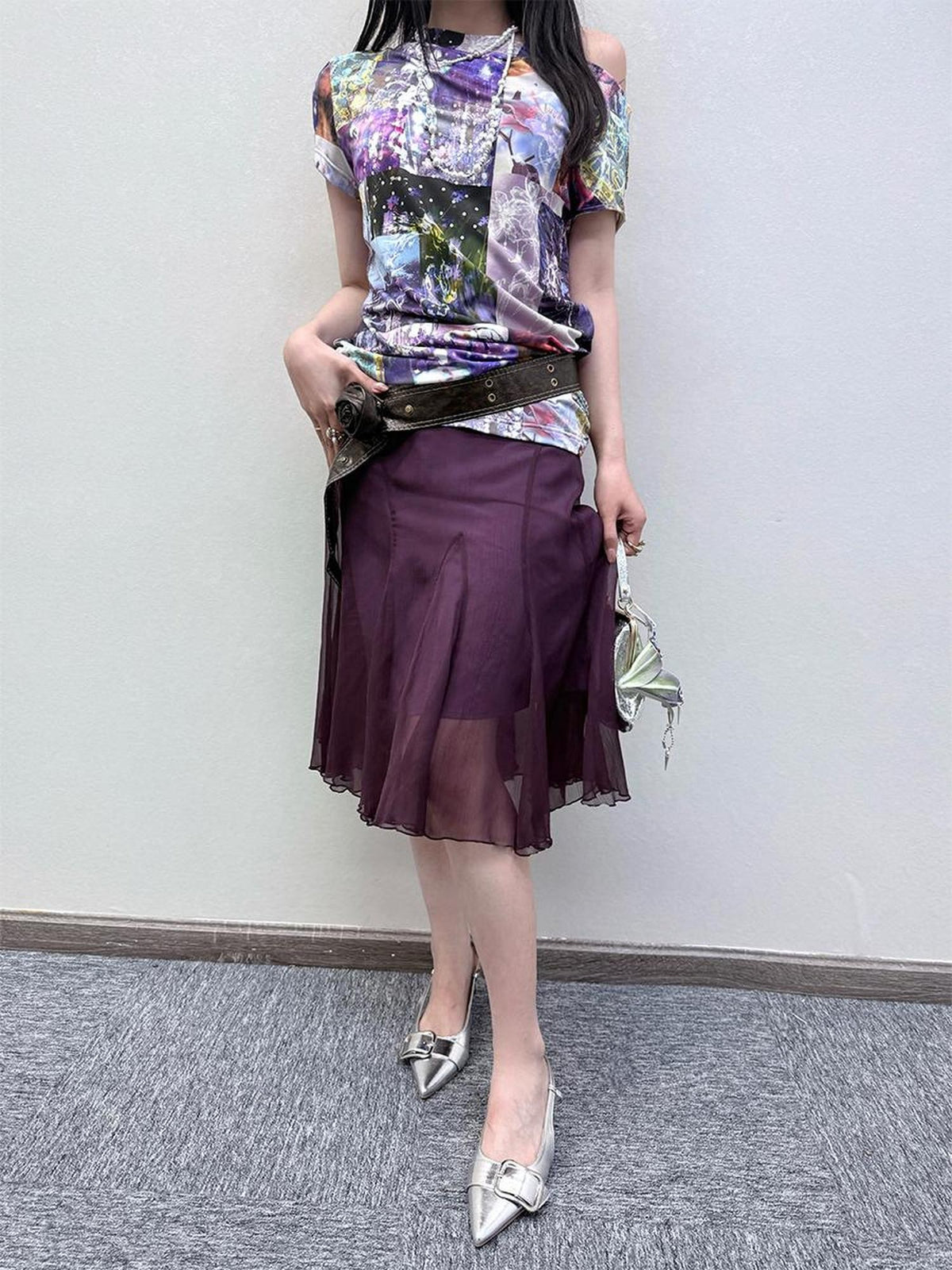 HEMOGLOBIN Purple Print Off Shoulder Open Back Short Sleeve Polyester Women&
