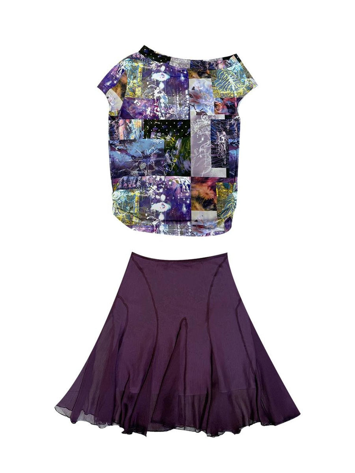 HEMOGLOBIN Purple Print Off Shoulder Open Back Short Sleeve Polyester Women&