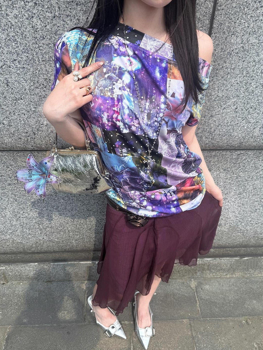 HEMOGLOBIN Purple Print Off Shoulder Open Back Short Sleeve Polyester Women&