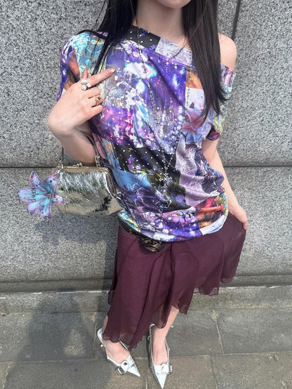 HEMOGLOBIN Purple Print Off Shoulder Open Back Short Sleeve Polyester Women&
