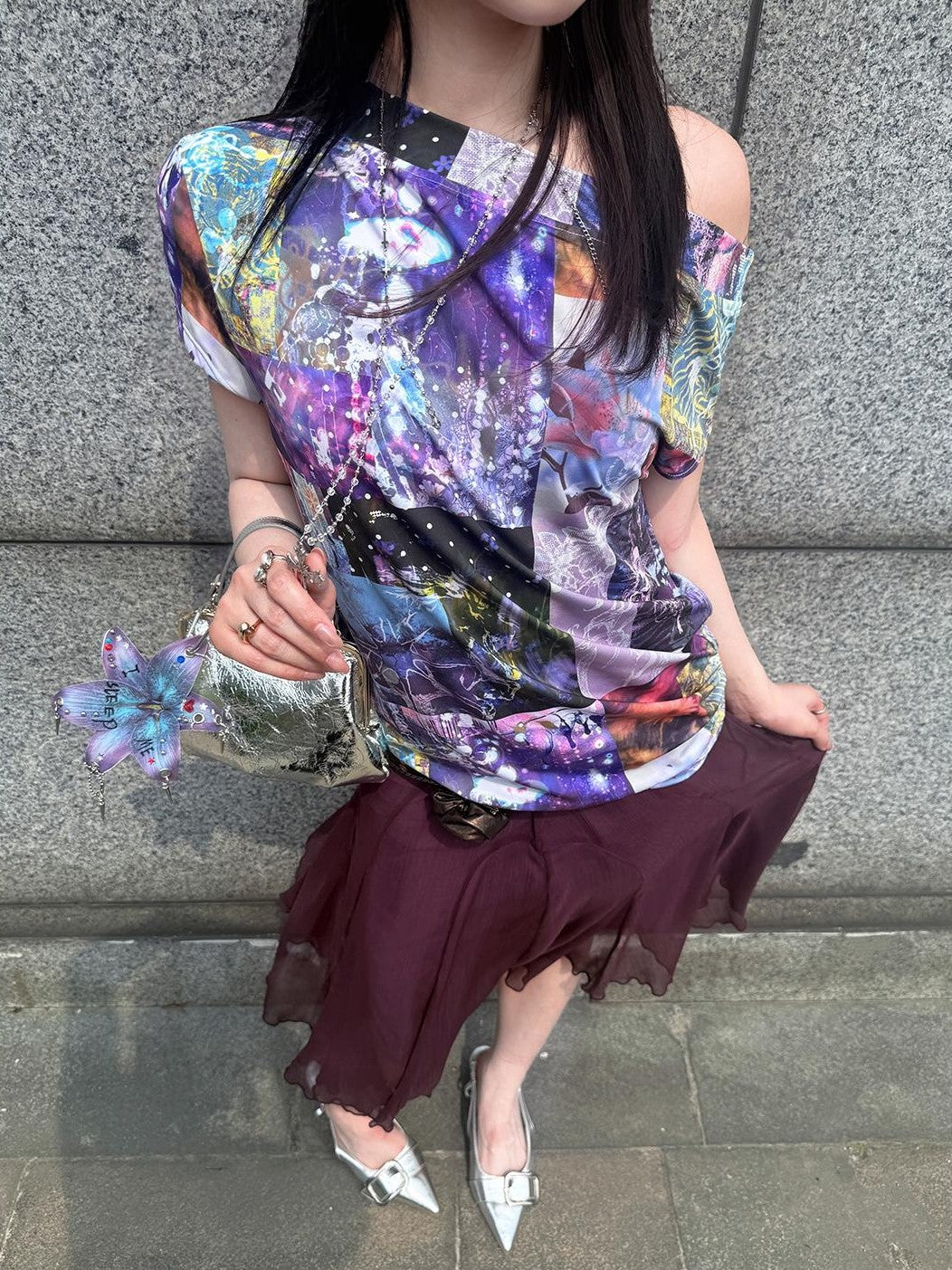 HEMOGLOBIN Purple Print Off Shoulder Open Back Short Sleeve Polyester Women&