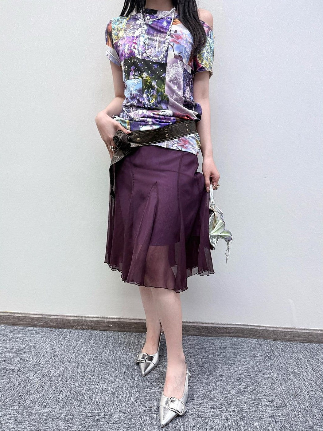 HEMOGLOBIN Purple Print Off Shoulder Open Back Short Sleeve Polyester Women&