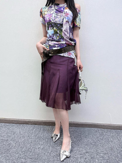 HEMOGLOBIN Purple Print Off Shoulder Open Back Short Sleeve Polyester Women&