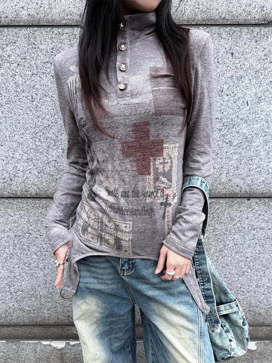 HEMOGLOBIN Retro Punk Print Half High Neck Knit Women&