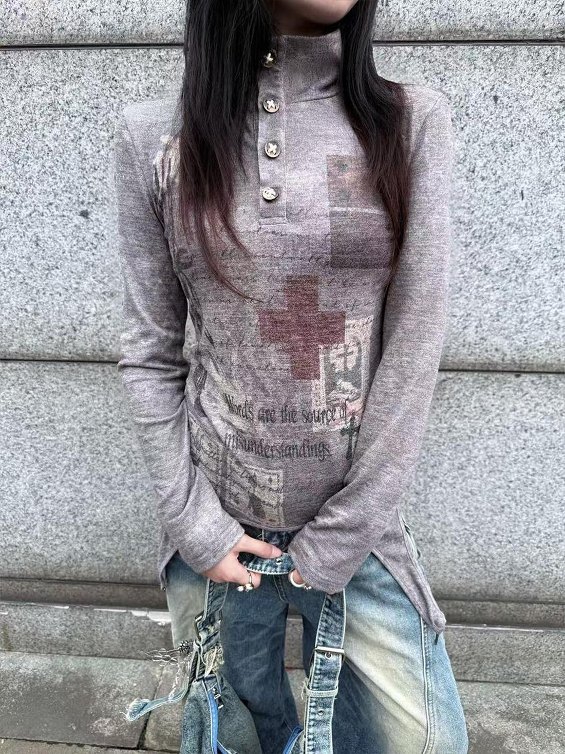 HEMOGLOBIN Retro Punk Print Half High Neck Knit Women&