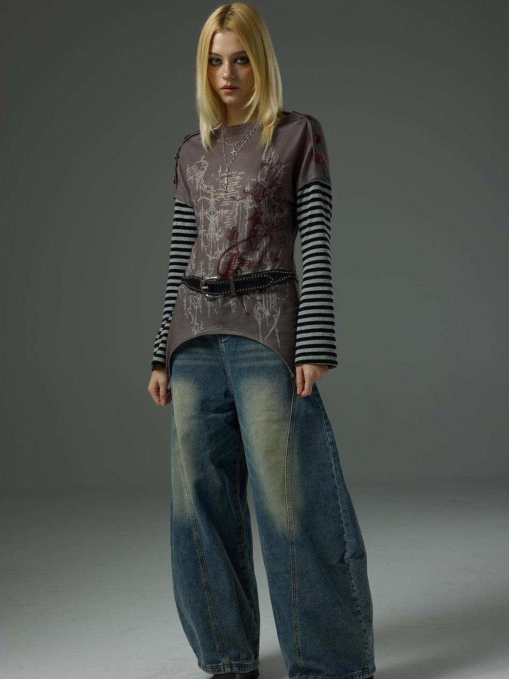 HEMOGLOBIN Rock Style Structured 3d Cut Loose High Waist Cotton Women&