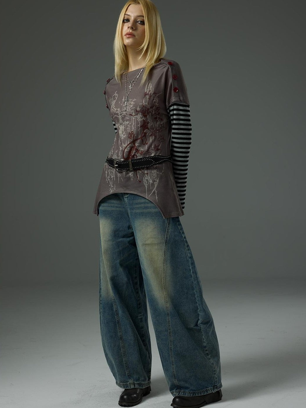 HEMOGLOBIN Rock Style Structured 3d Cut Loose High Waist Cotton Women&