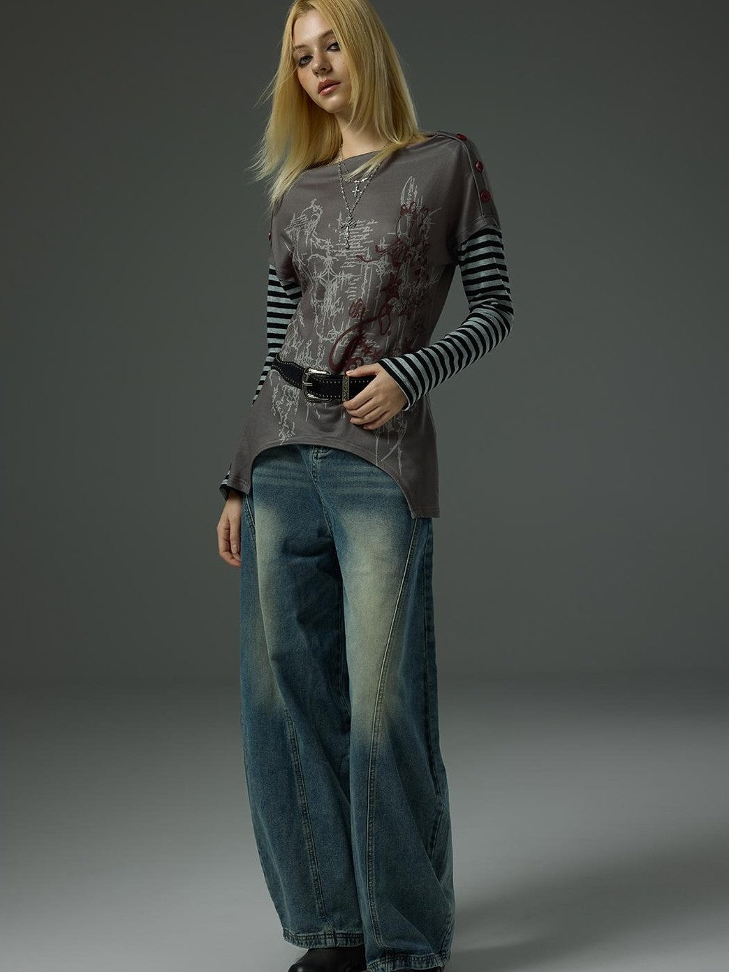 HEMOGLOBIN Rock Style Structured 3d Cut Loose High Waist Cotton Women&