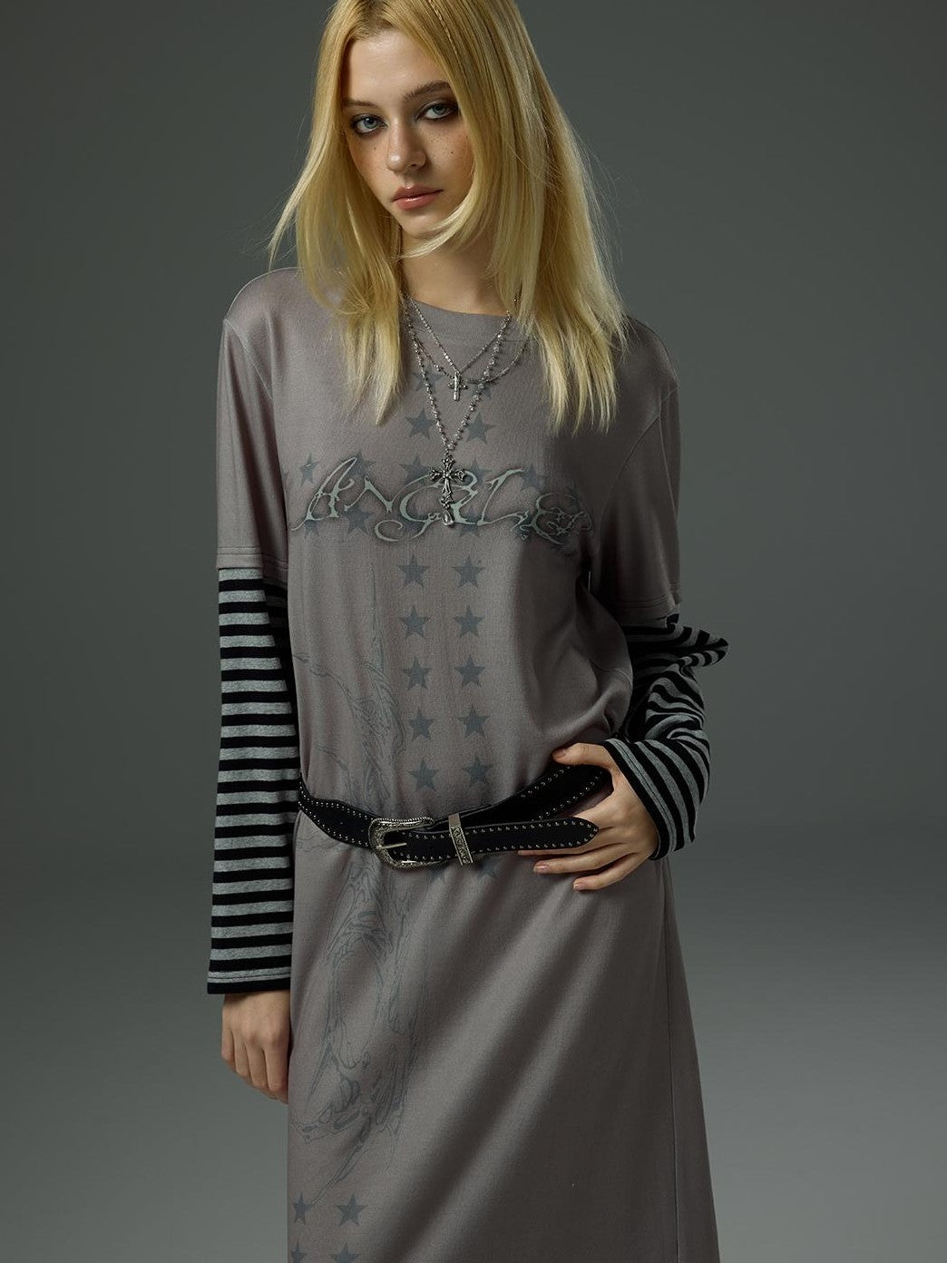 HEMOGLOBIN Striped Spliced Print Faux Two Piece Long Sleeve Women&