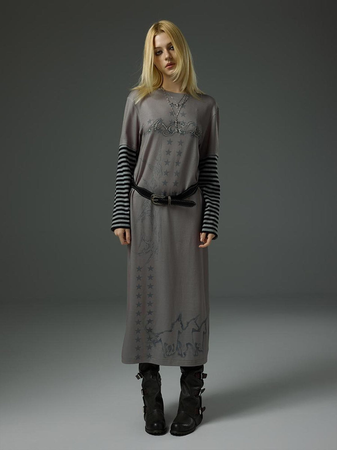 HEMOGLOBIN Striped Spliced Print Faux Two Piece Long Sleeve Women&
