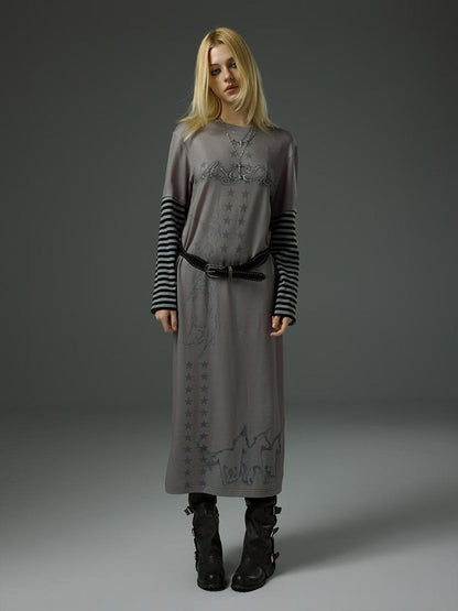 HEMOGLOBIN Striped Spliced Print Faux Two Piece Long Sleeve Women&