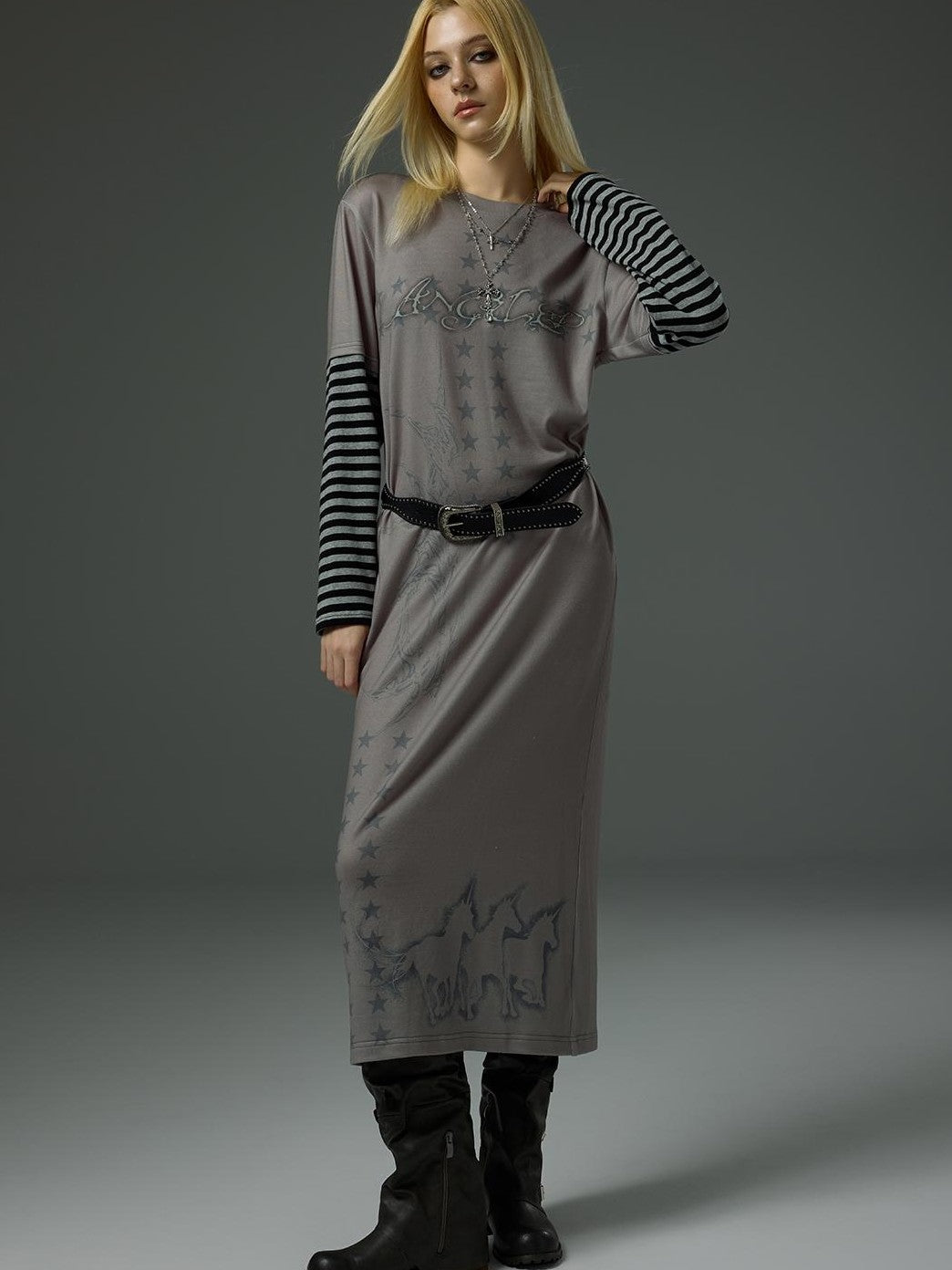 HEMOGLOBIN Striped Spliced Print Faux Two Piece Long Sleeve Women&