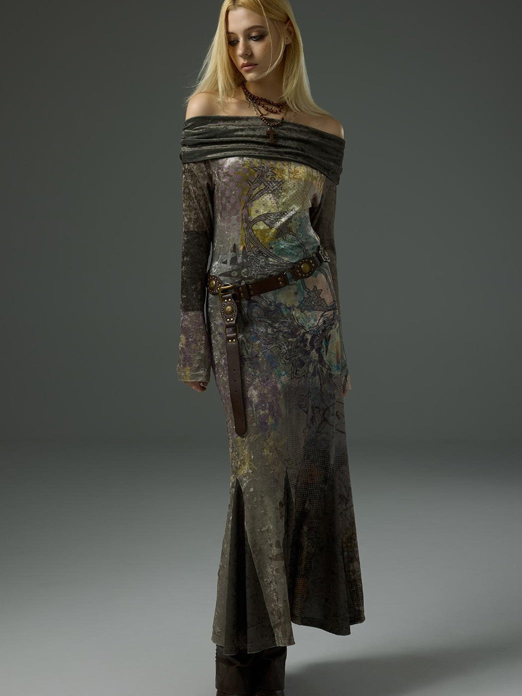 HEMOGLOBIN Velvet Off Shoulder Mermaid Vintage Print Women&