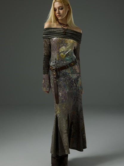 HEMOGLOBIN Velvet Off Shoulder Mermaid Vintage Print Women&