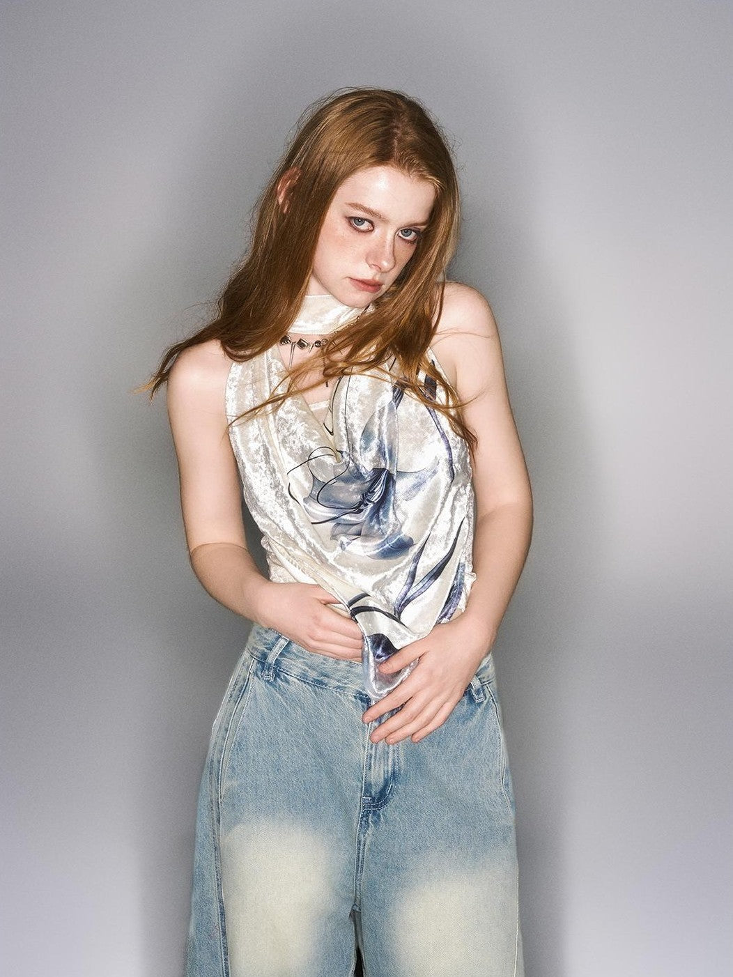 HEMOGLOBIN Velvet Print Draped Neck Women&