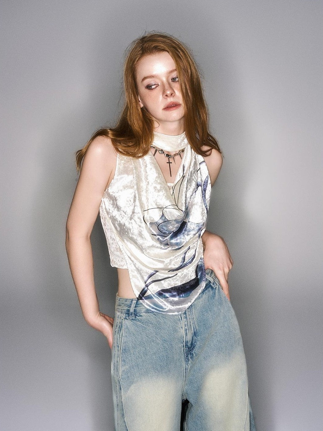HEMOGLOBIN Velvet Print Draped Neck Women&