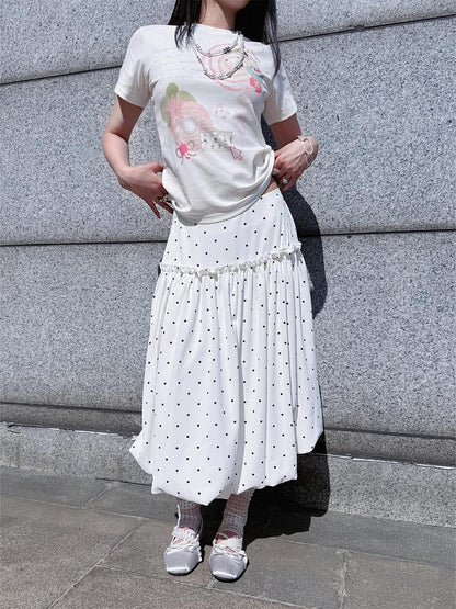 HEMOGLOBIN White Polka Dot Print Crew Neck Loose Fit Cotton Women&