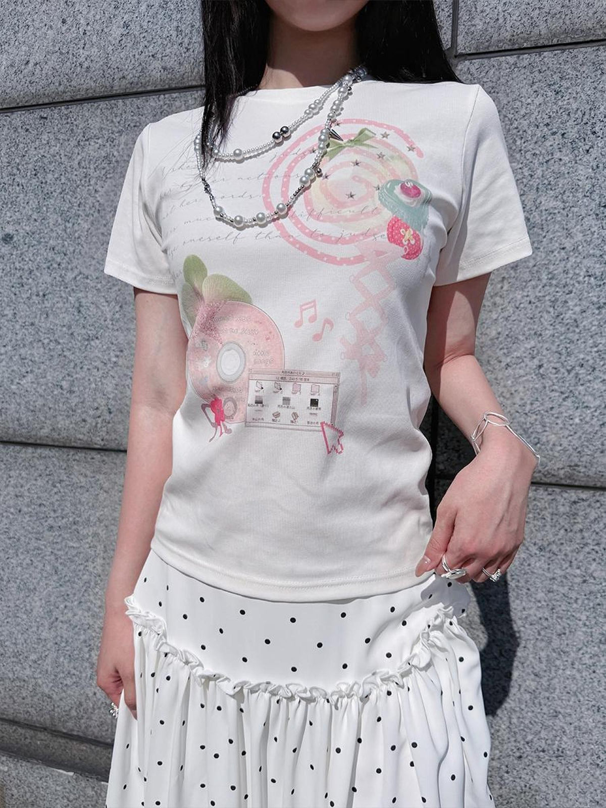 HEMOGLOBIN White Polka Dot Print Crew Neck Loose Fit Cotton Women&
