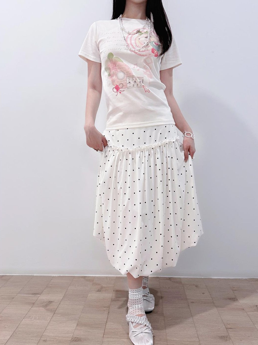 HEMOGLOBIN White Polka Dot Print Crew Neck Loose Fit Cotton Women&