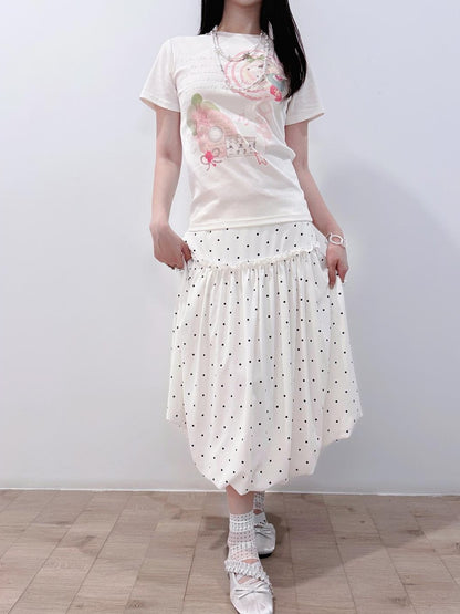 HEMOGLOBIN White Polka Dot Print Crew Neck Loose Fit Cotton Women&