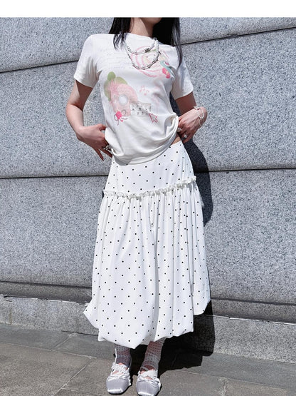HEMOGLOBIN White Polka Dot Print Crew Neck Loose Fit Cotton Women&