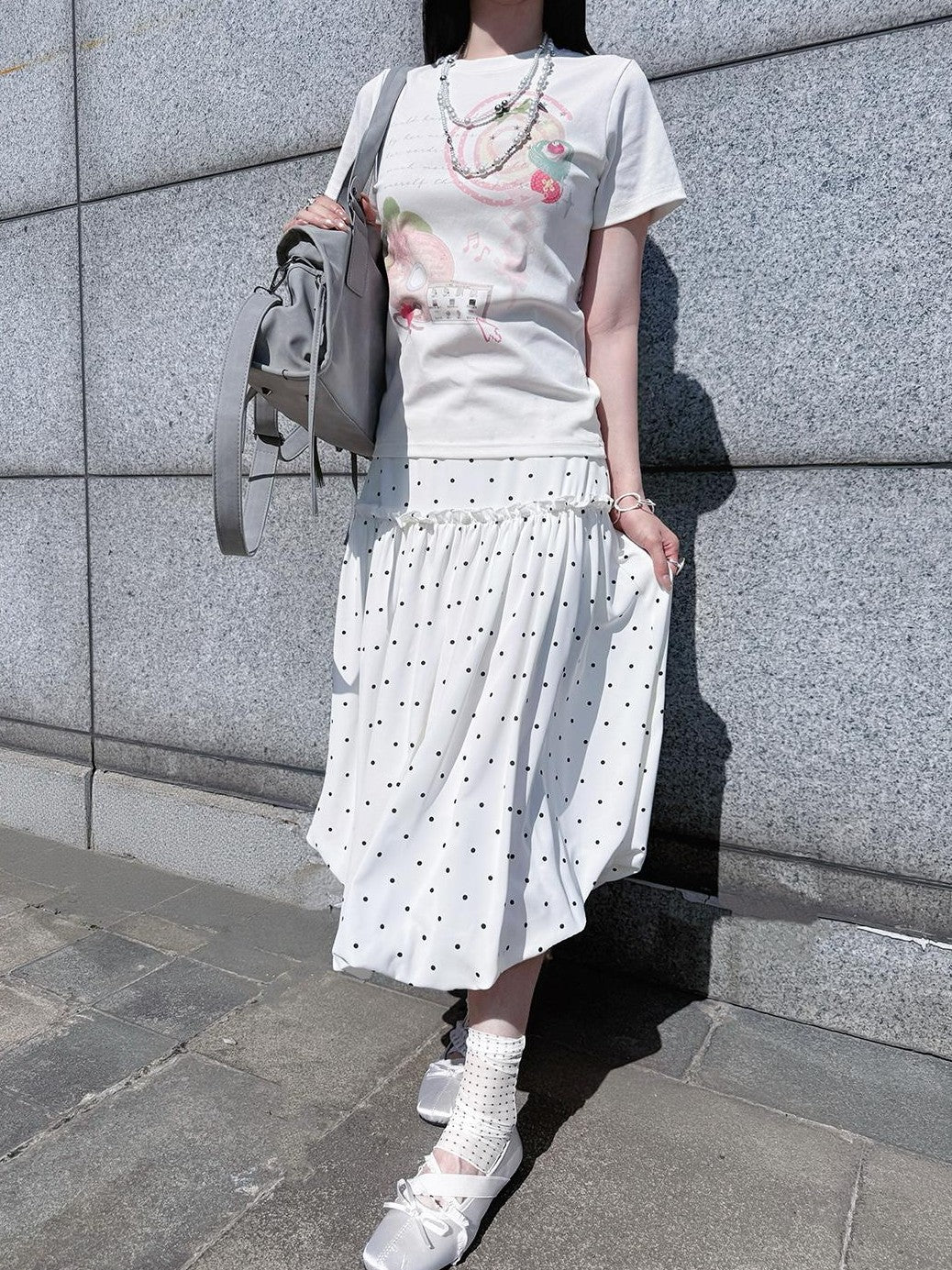 HEMOGLOBIN White Polka Dot Print Crew Neck Loose Fit Cotton Women&