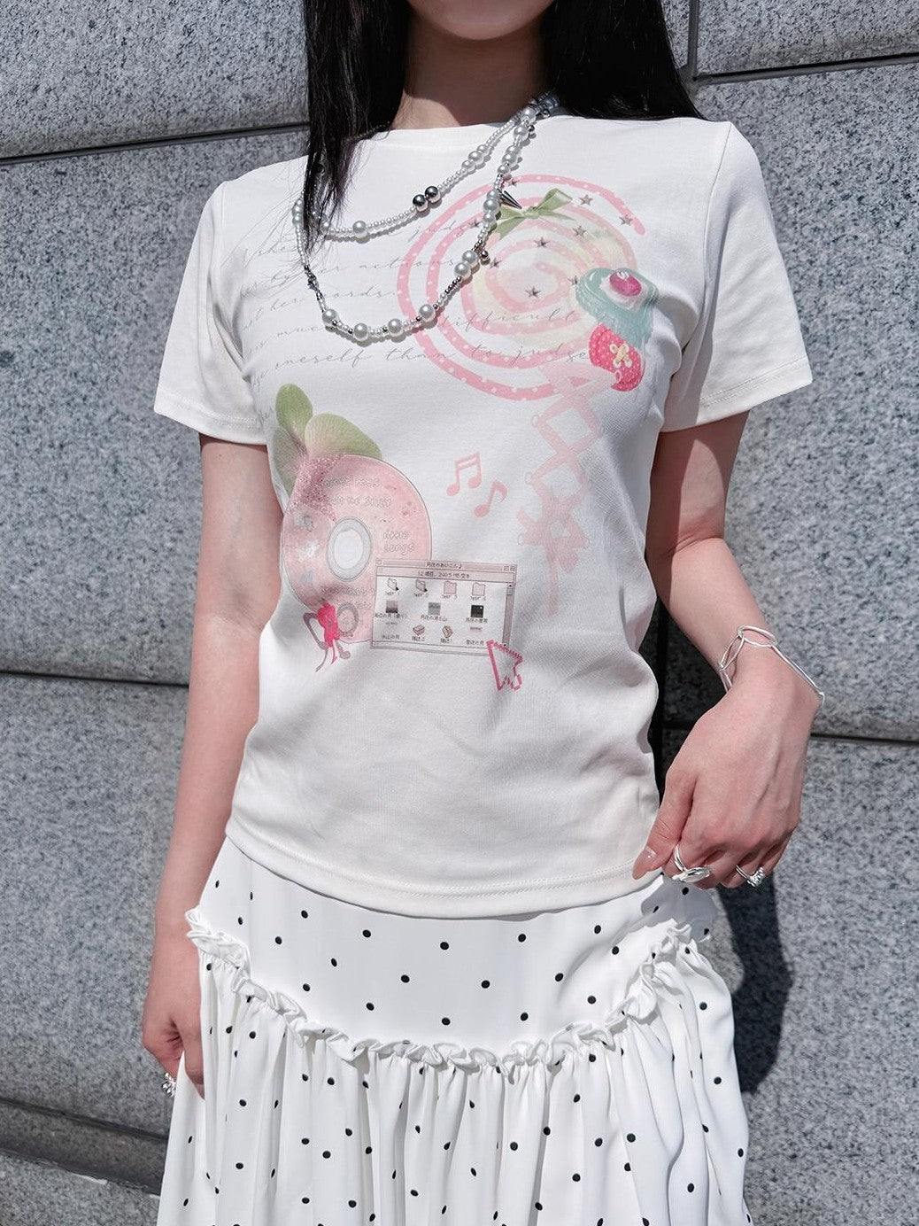 HEMOGLOBIN White Polka Dot Print Crew Neck Loose Fit Cotton Women&